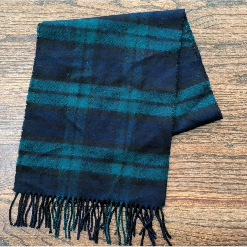 Brooks Brothers Black Watch 100% Wool Scarf Blue Green Tartan Fringe Scotland